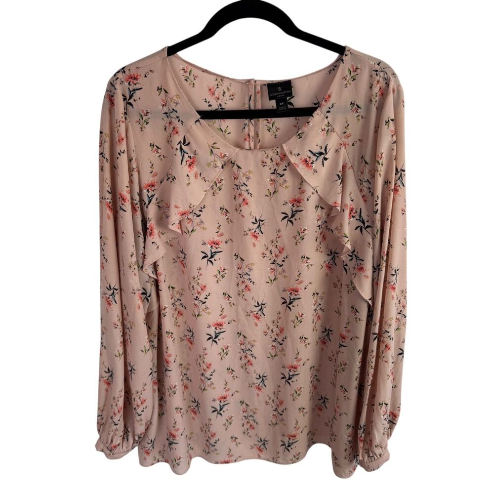 Worthington Woman Top Blouse Size 2X Pink Floral Print Long Sleeves